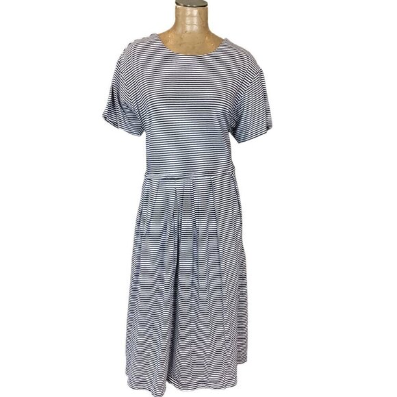 VTG 80s 90s Herman Geist Short Sleeve Button Back Striped Pleated Dress L #294A - Picture 2 of 7
